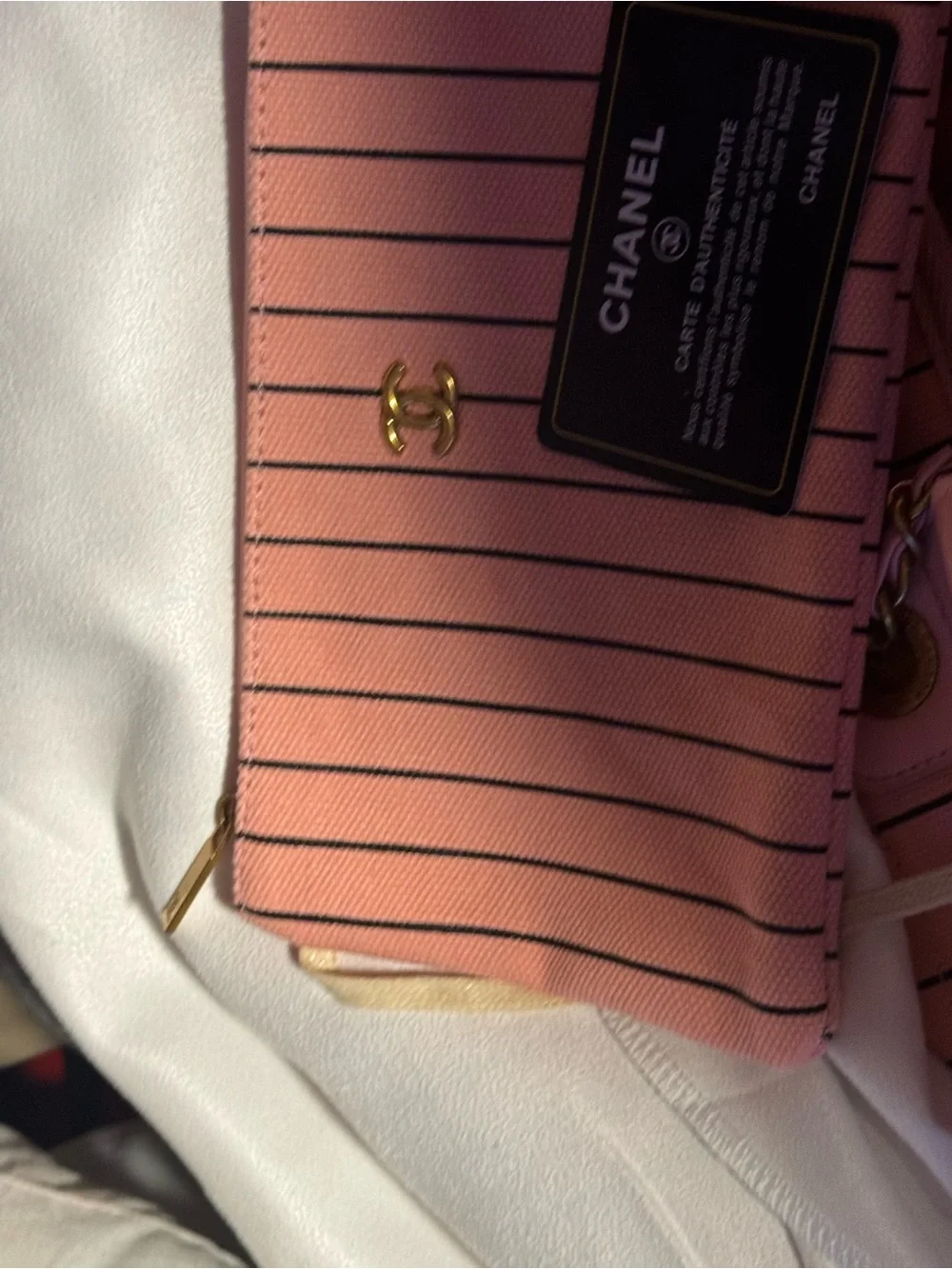 Chanel Pink Striped Canvas Tote with Chain Strap